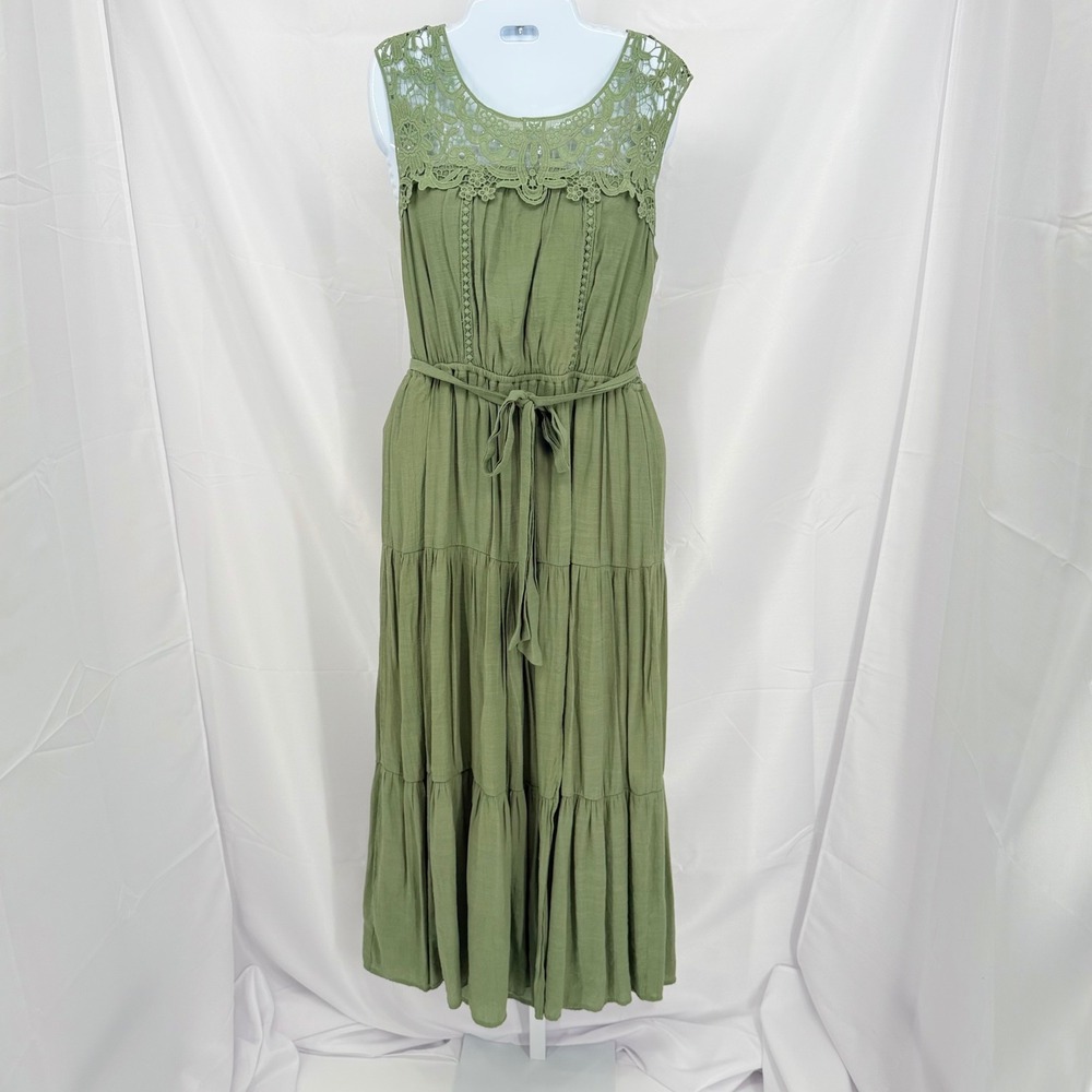 Figueroa & Flower Womens L Olive Green Lace Tiered Maxi Dress Boho Sleeveless